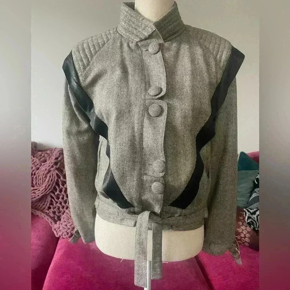 Leather tweed button front vintage jacket - Picture 1 of 16